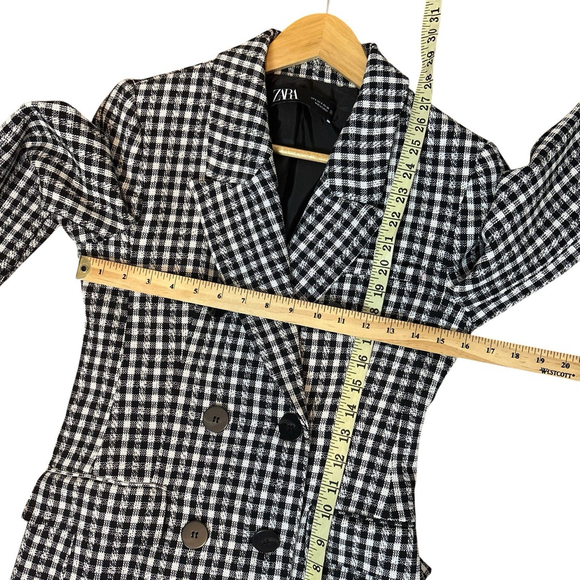 ZARA Black White Gingham Double Breasted Blazer Small Structured Cotton Jacket - Picture 7 of 10